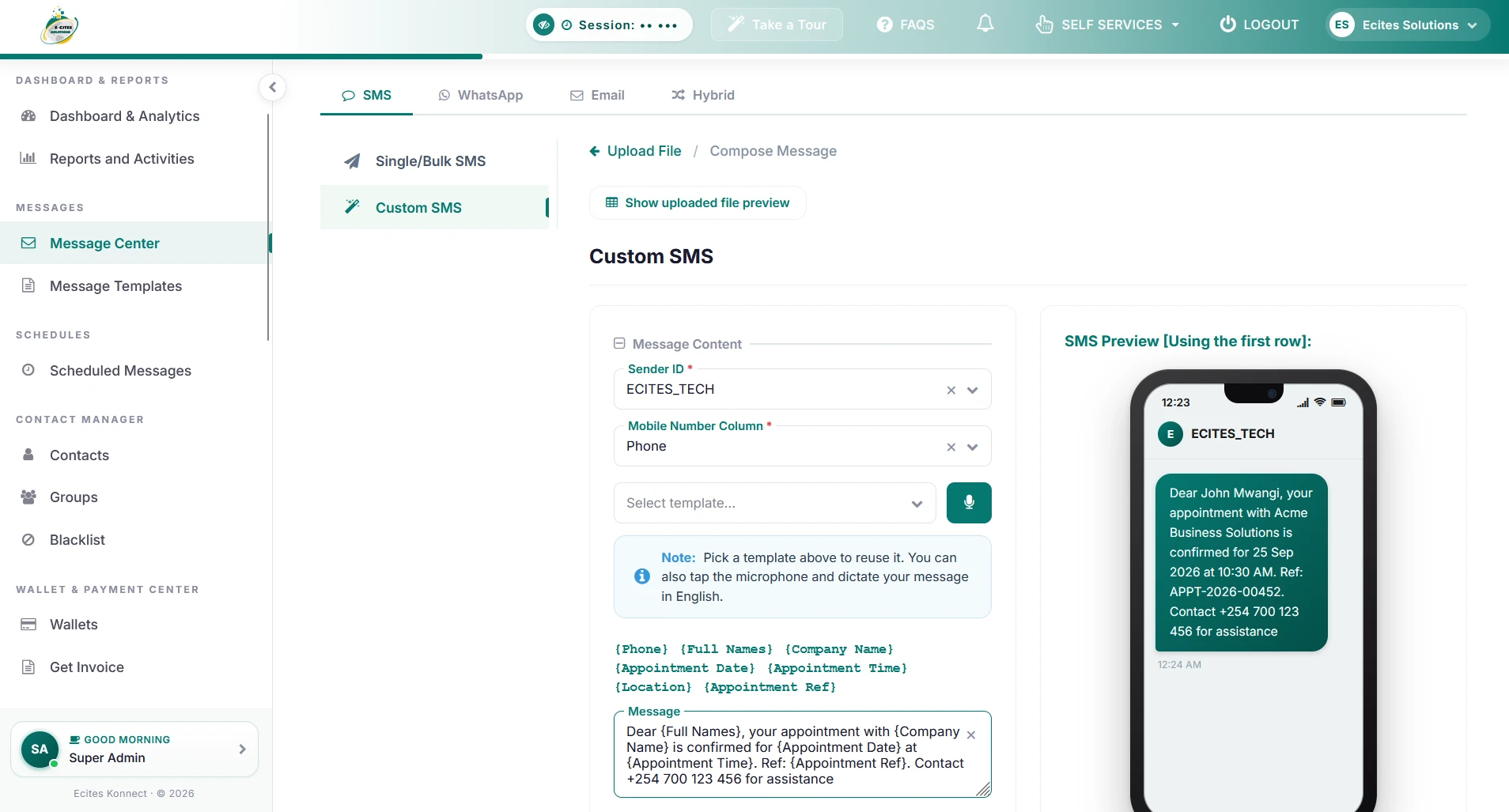 Ecites Konnect Message Center composing a custom SMS, with a live phone preview